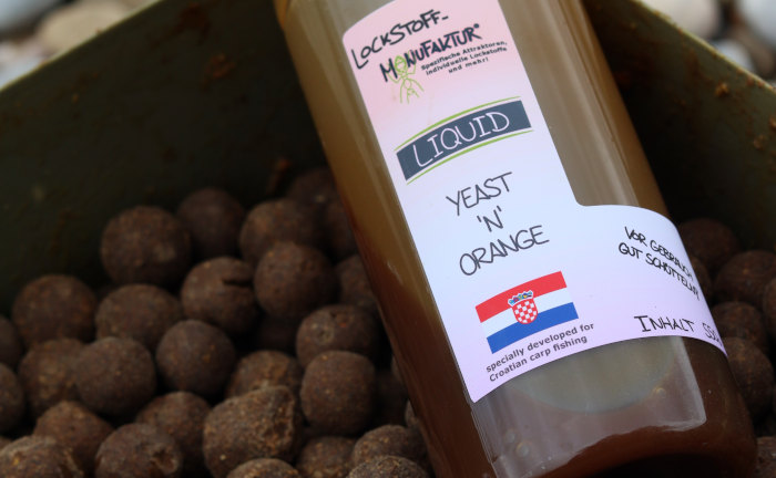 Das fängige Yeast 'n' Orange Liquid mit Bierhefe und Orangenöl wurde speziell für das Karpfenangeln in Kroatien entwickelt.